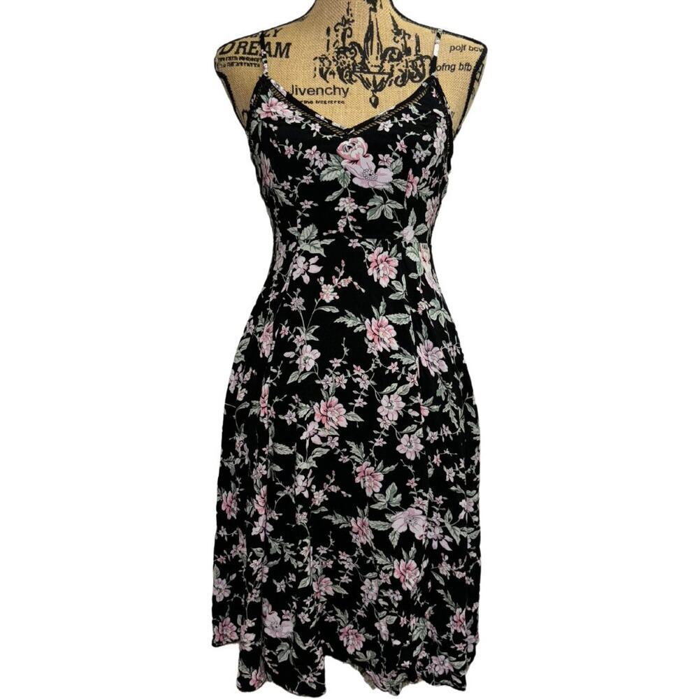 Lulus Esperanza Black Floral Print Midi Dress Side Slit Size XS Boho Cottagecore